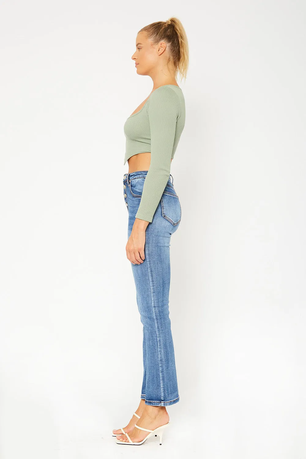 High-rise medium blue flare denim pants