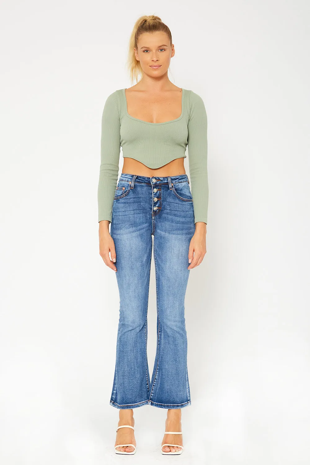 High-rise medium blue flare denim pants