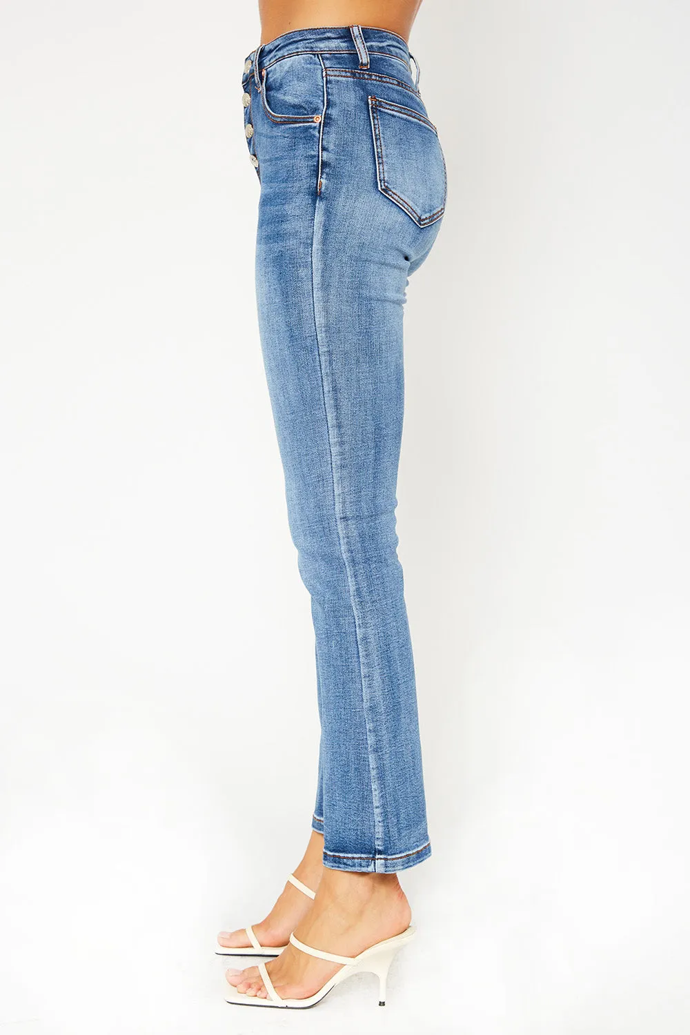 High-rise medium blue flare denim pants