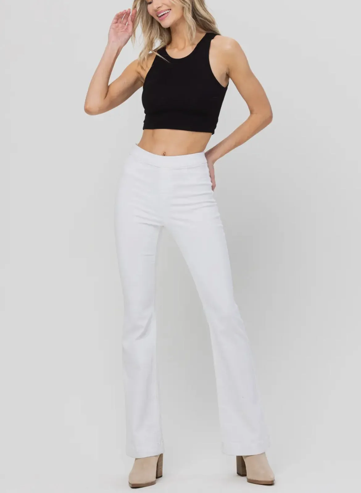 High Rise Pull On Flare Denim Pants