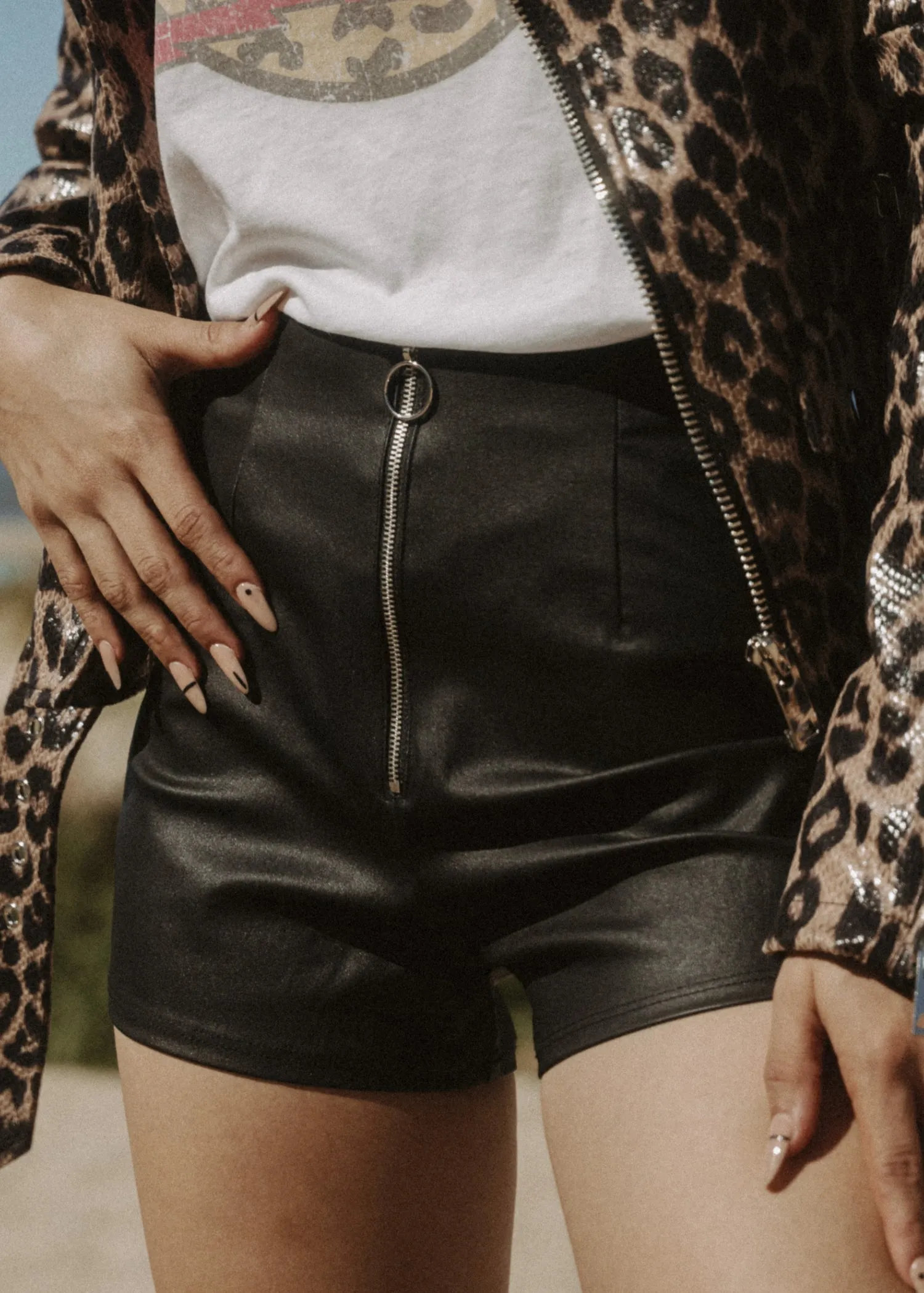 High Waisted Faux Leather Shorts with Zipper