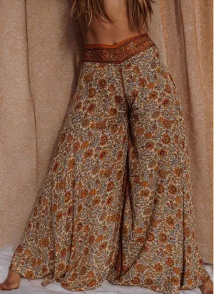 Hippie Boho Silk Bell Bottom Flare Pants, Palazzo Pants: Cream