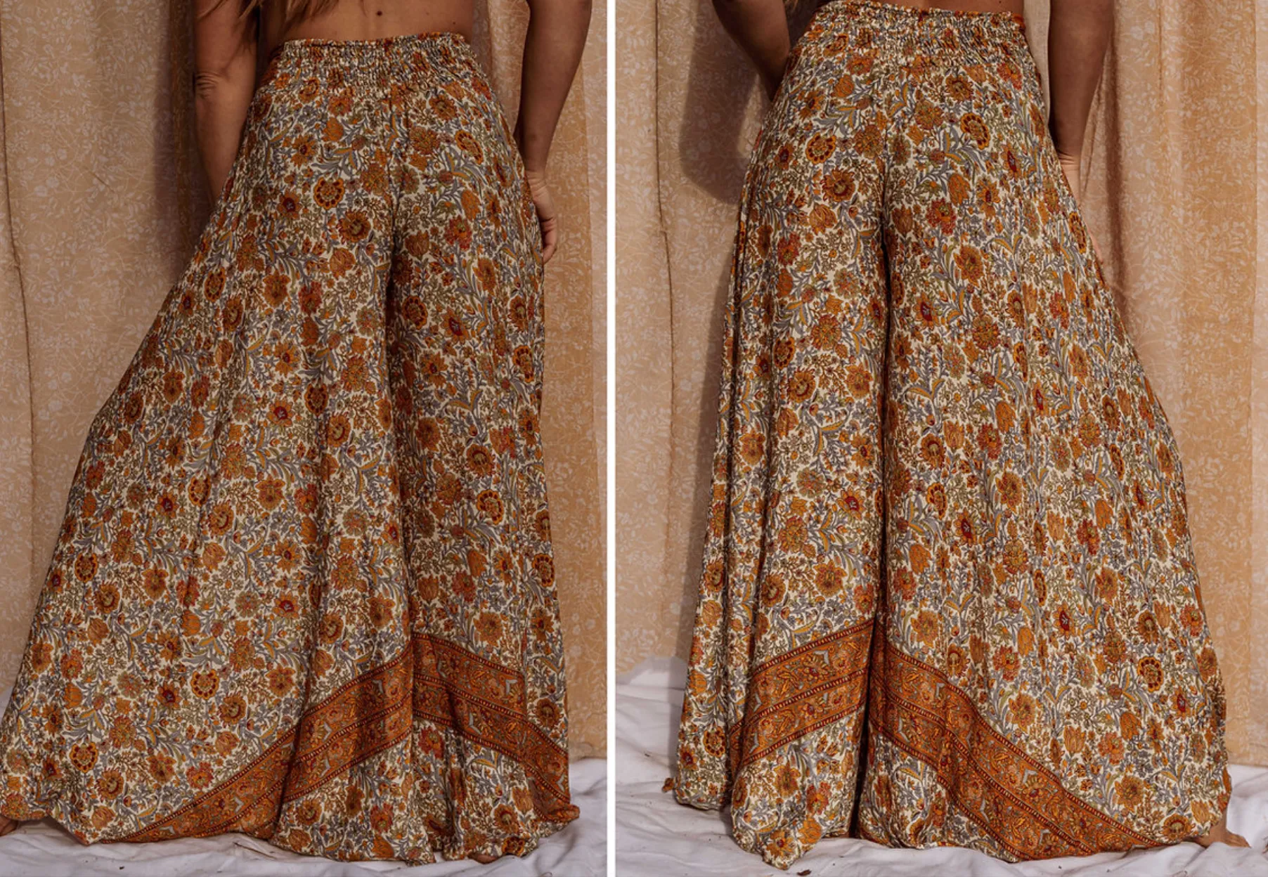 Hippie Boho Silk Bell Bottom Flare Pants, Palazzo Pants: Cream