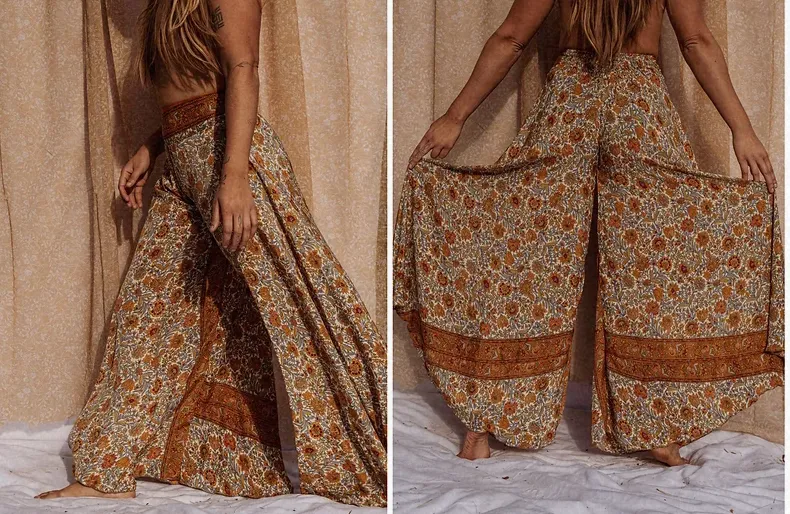Hippie Boho Silk Bell Bottom Flare Pants, Palazzo Pants: Cream