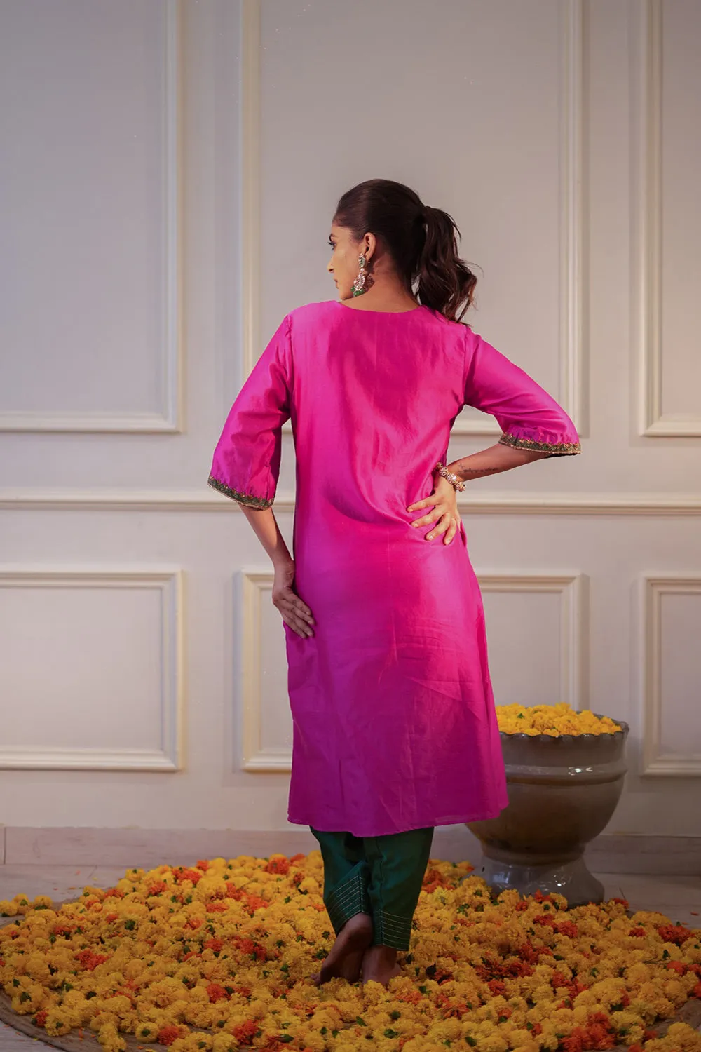 Hot Pink & Bottle Green Kurta Set