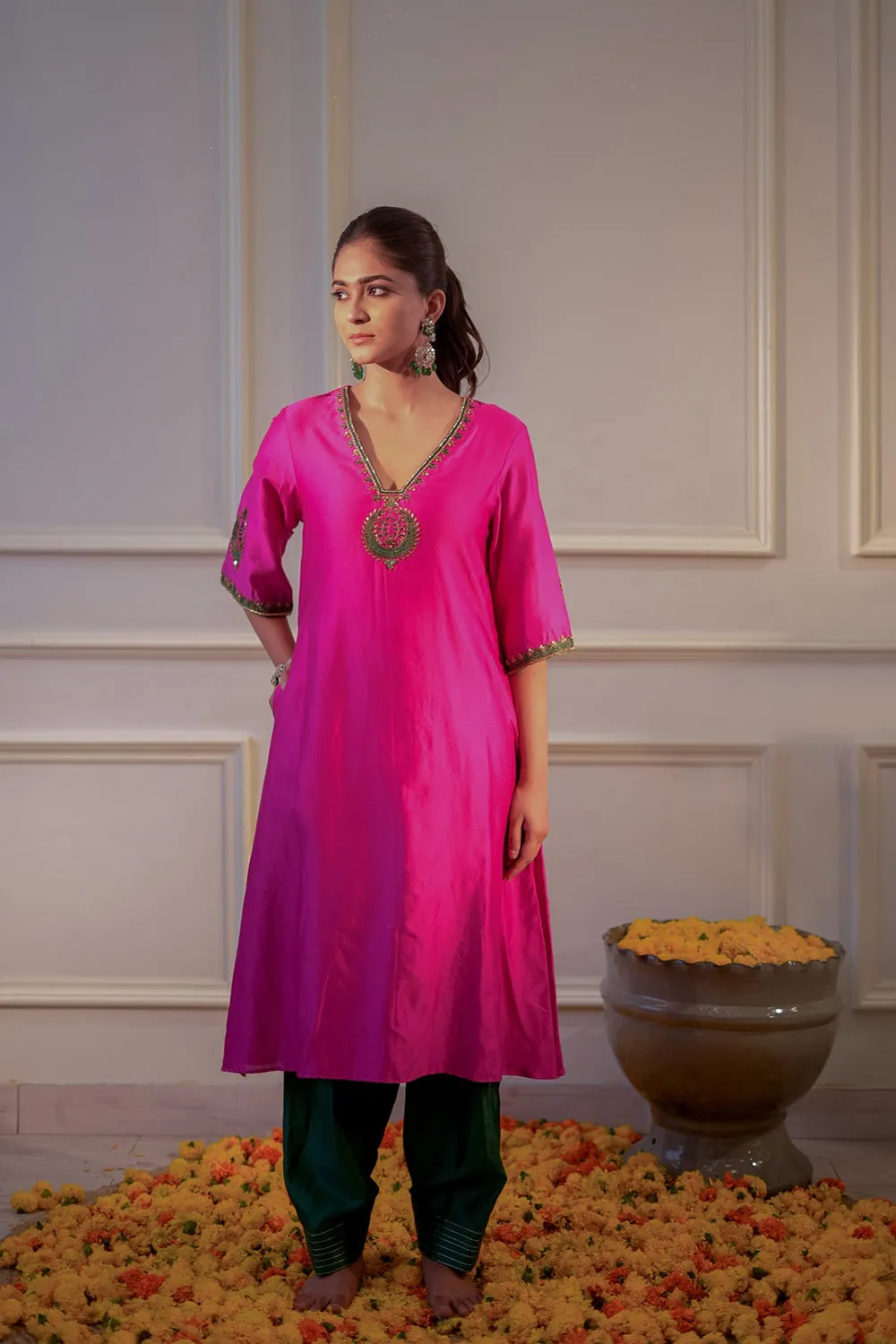 Hot Pink & Bottle Green Kurta Set