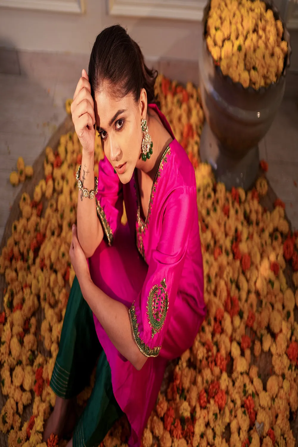 Hot Pink & Bottle Green Kurta Set
