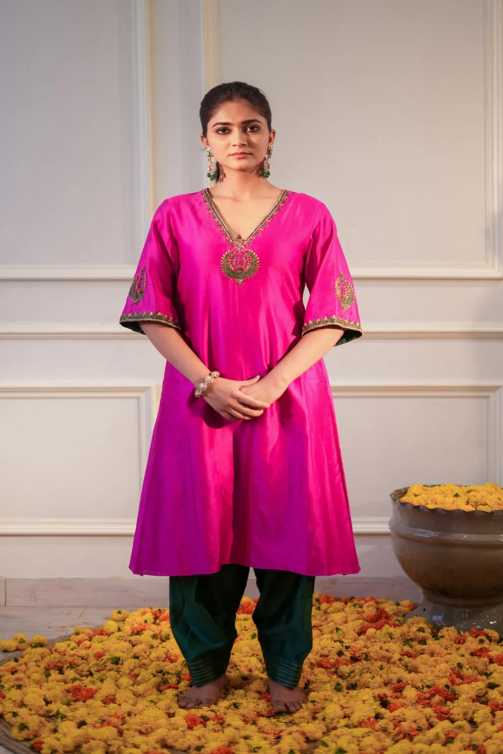 Hot Pink & Bottle Green Kurta Set