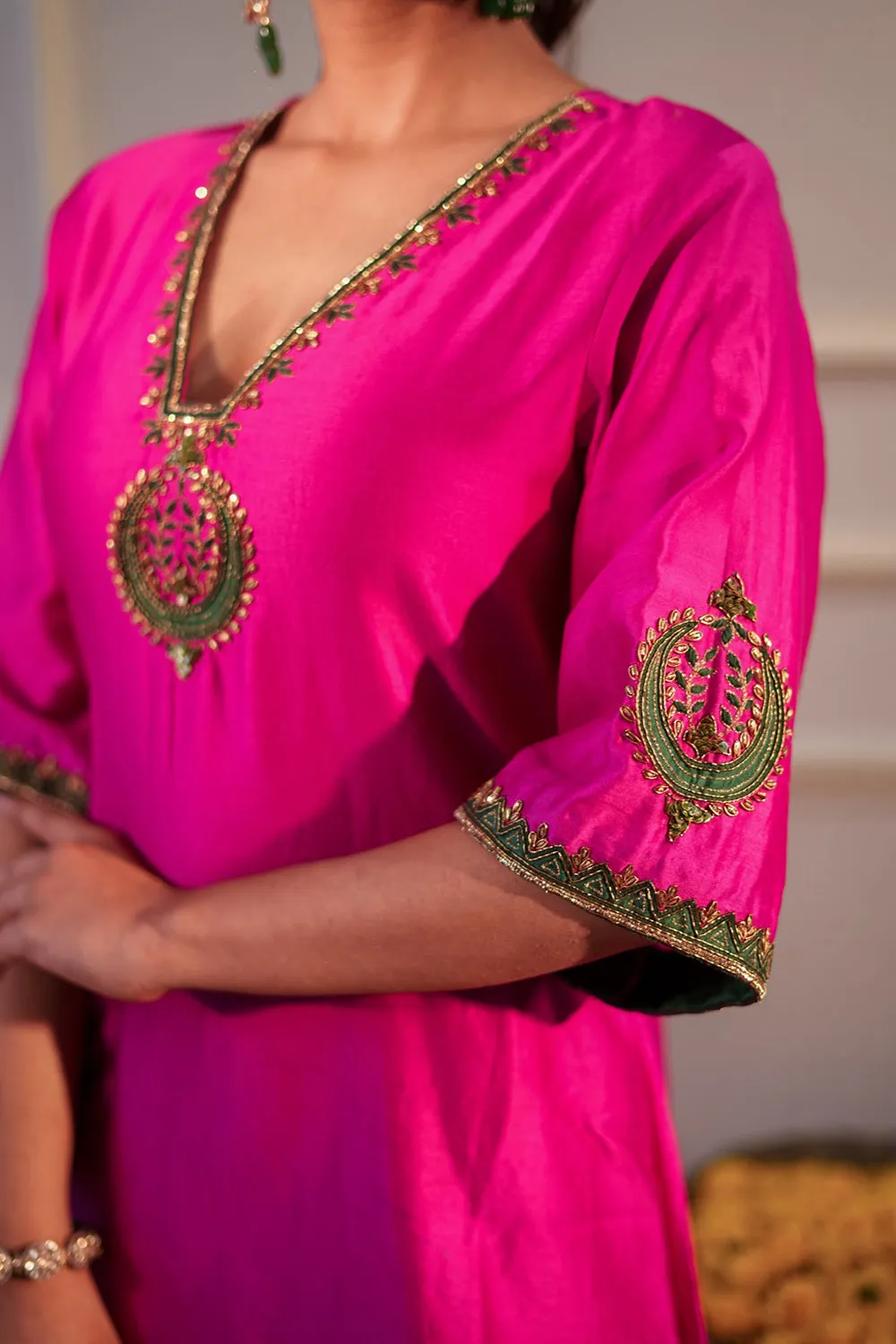 Hot Pink & Bottle Green Kurta Set