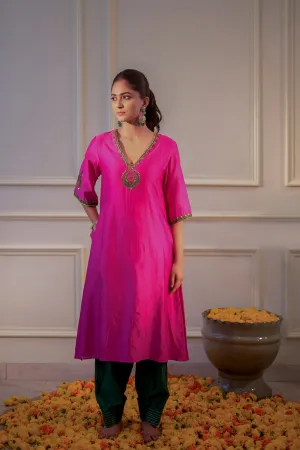 Hot Pink & Bottle Green Kurta Set
