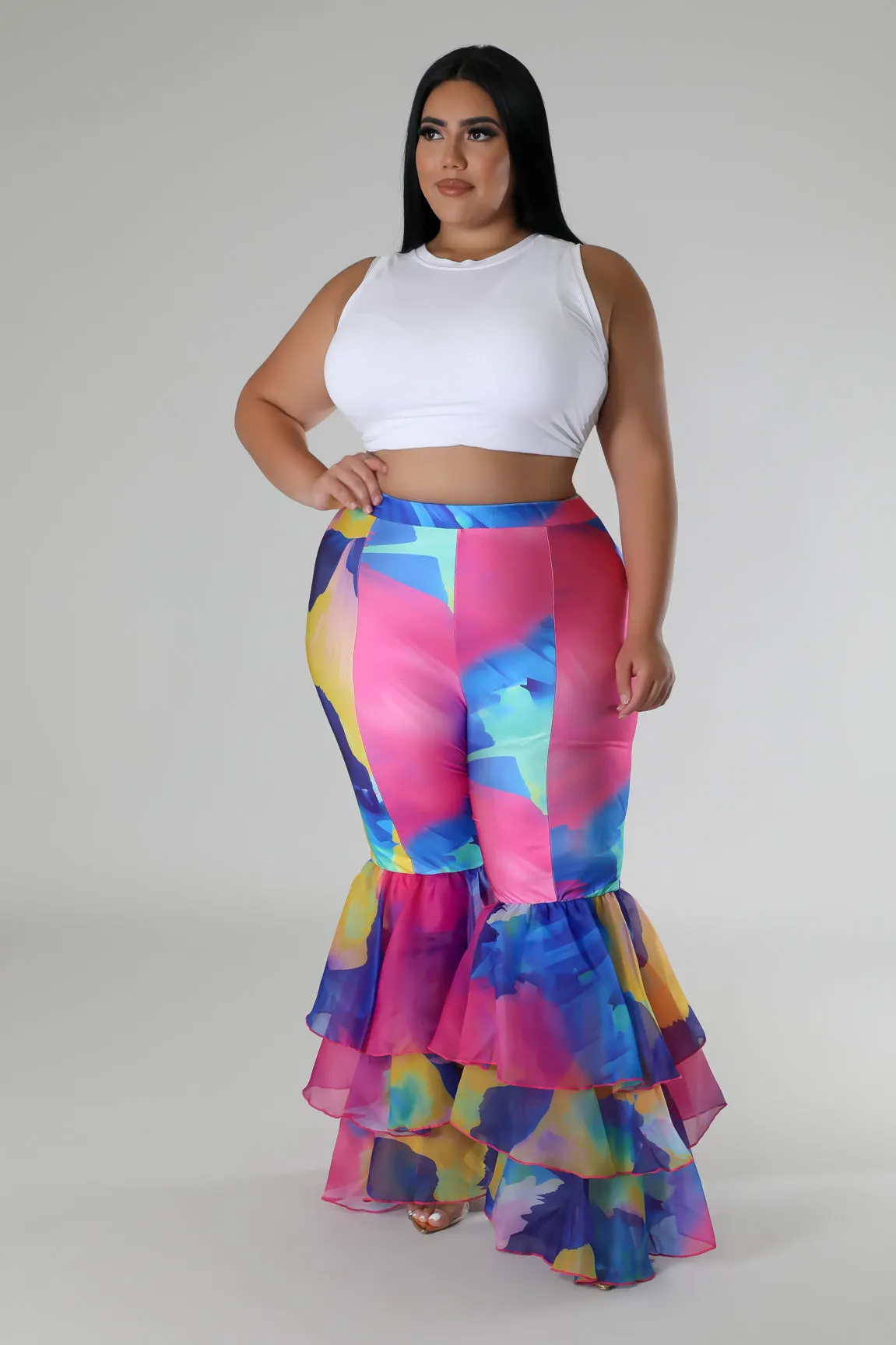 HP1467PXP - RUFFLE TIER FLARE BOTTOM PANTS (PLUS)