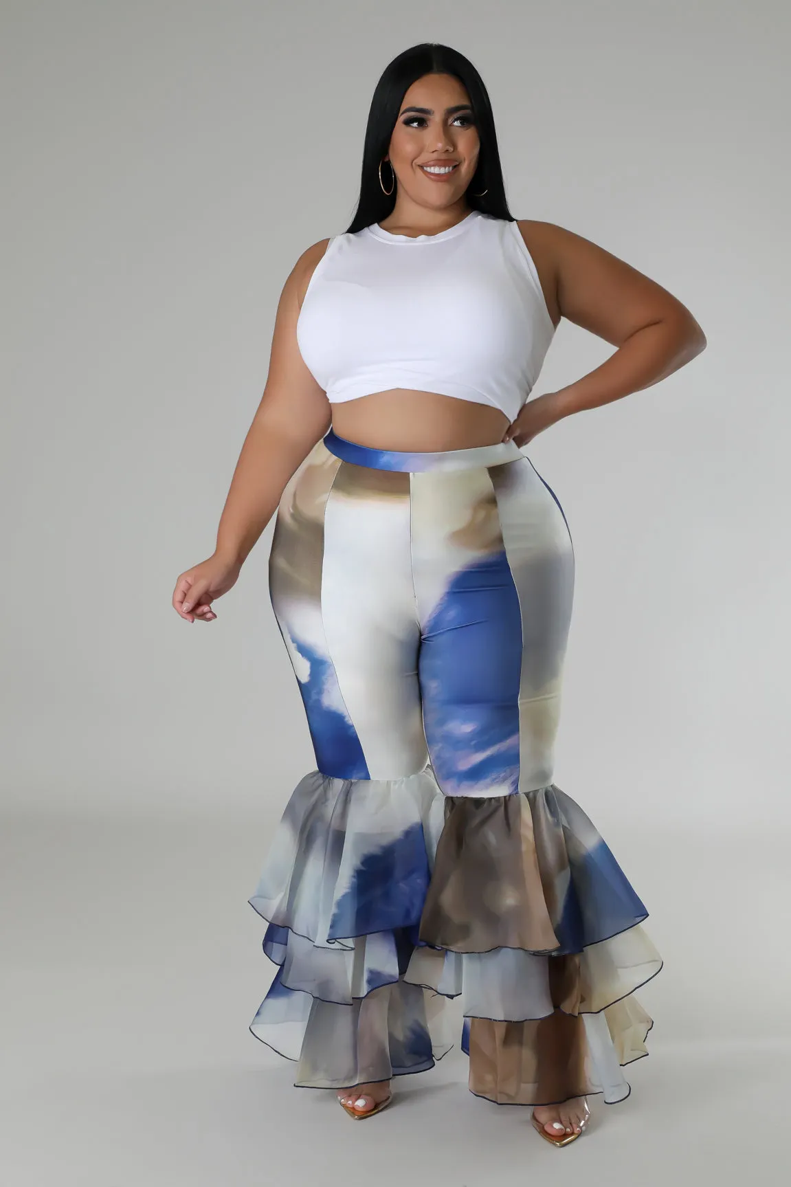 HP1467PXP - RUFFLE TIER FLARE BOTTOM PANTS (PLUS)