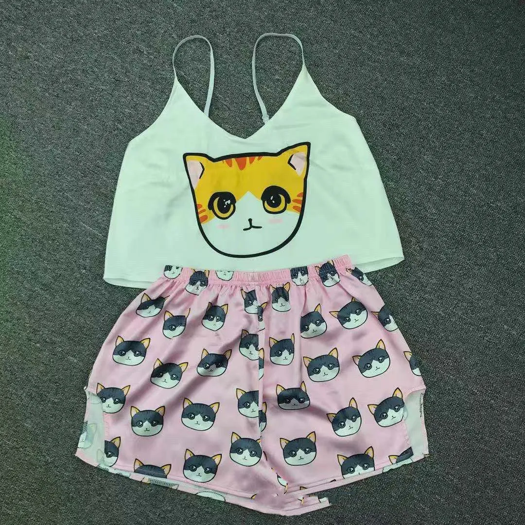 Ice Silk Pajamas Sling High-quality Simulation Silk Thin Section Comfortable Casual Printing