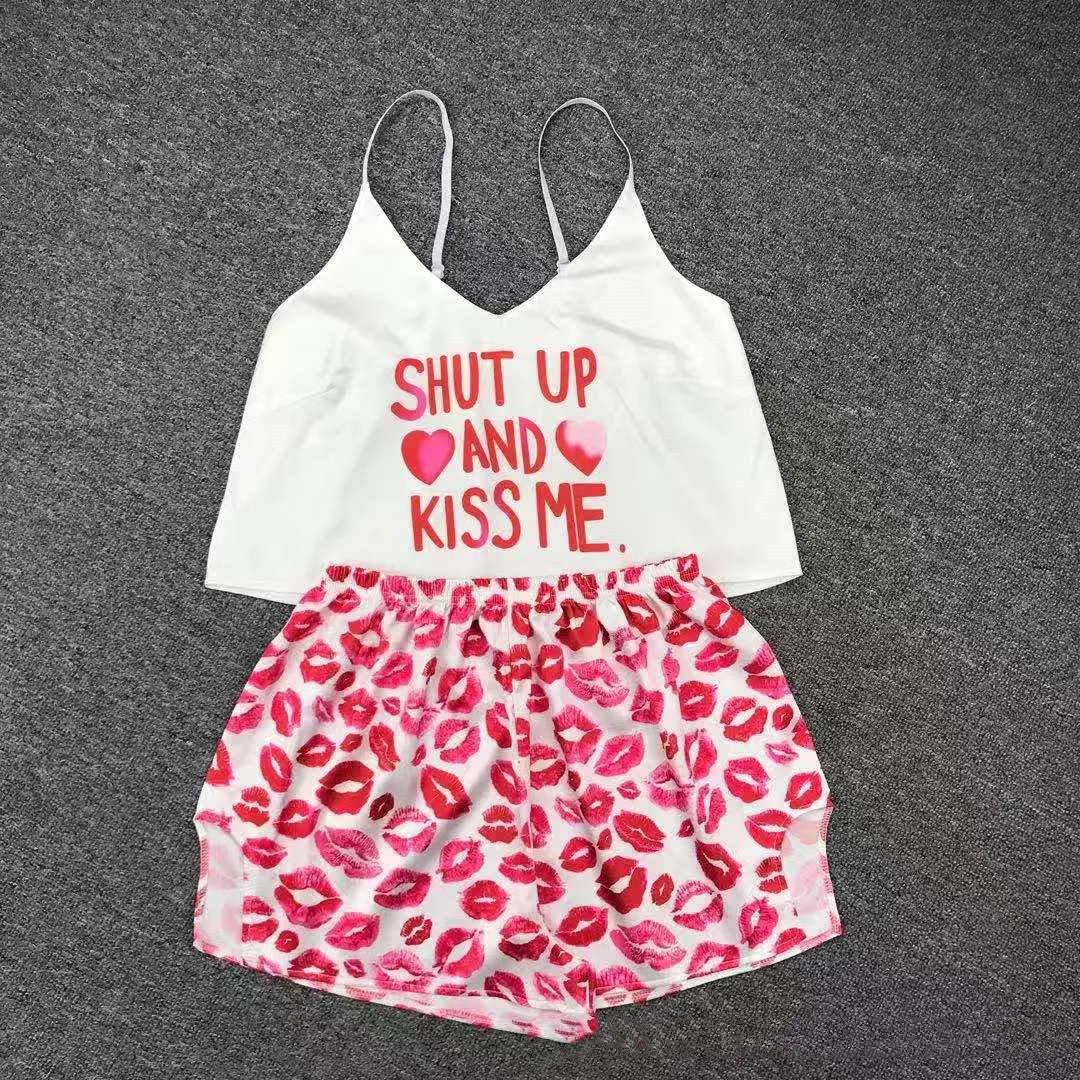 Ice Silk Pajamas Sling High-quality Simulation Silk Thin Section Comfortable Casual Printing