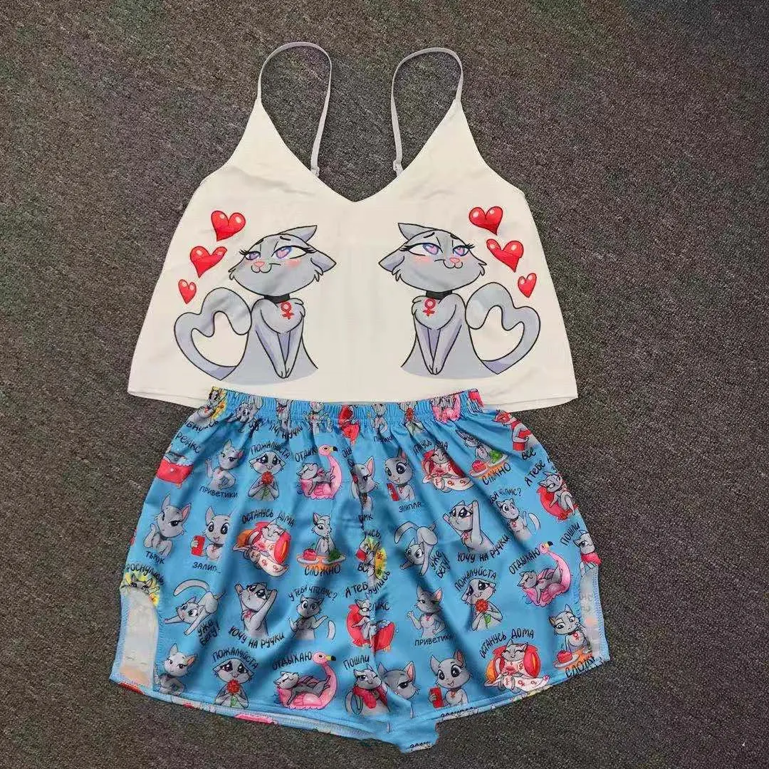 Ice Silk Pajamas Sling High-quality Simulation Silk Thin Section Comfortable Casual Printing