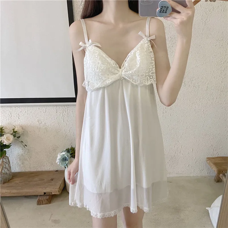 Ice Silk Pajamas Women's High-level Sense Of Thin Sexy Lace White