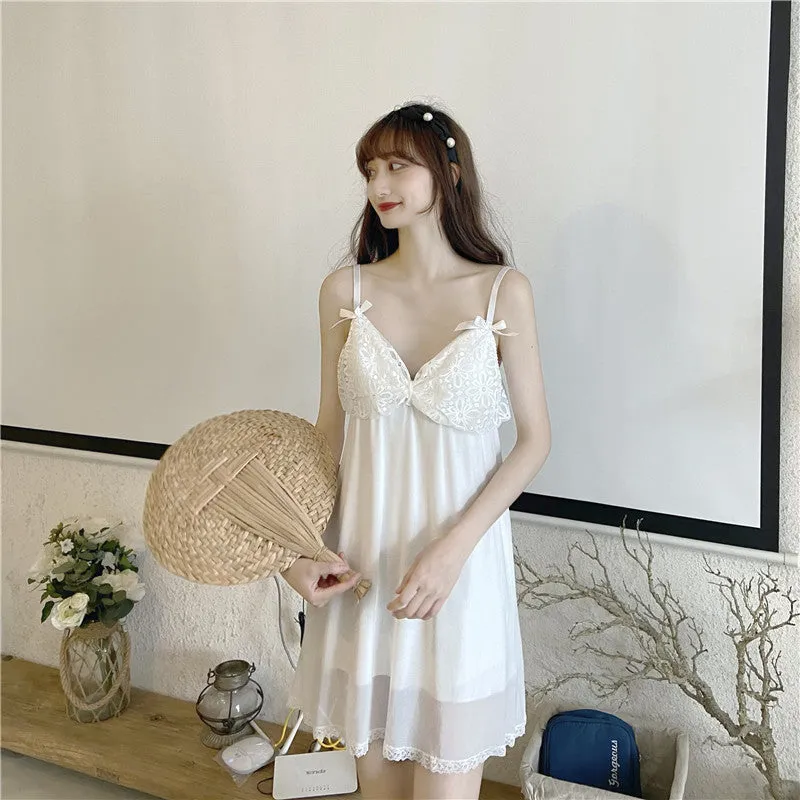 Ice Silk Pajamas Women's High-level Sense Of Thin Sexy Lace White