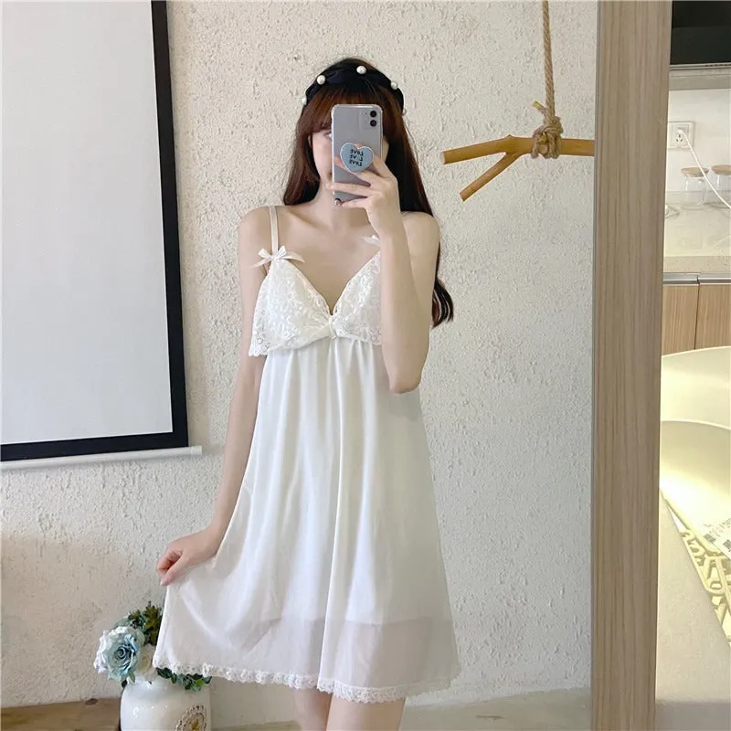 Ice Silk Pajamas Women's High-level Sense Of Thin Sexy Lace White