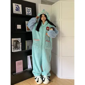 INSTOCK-Cute cartoon coral fleece one-piece pajamas for women