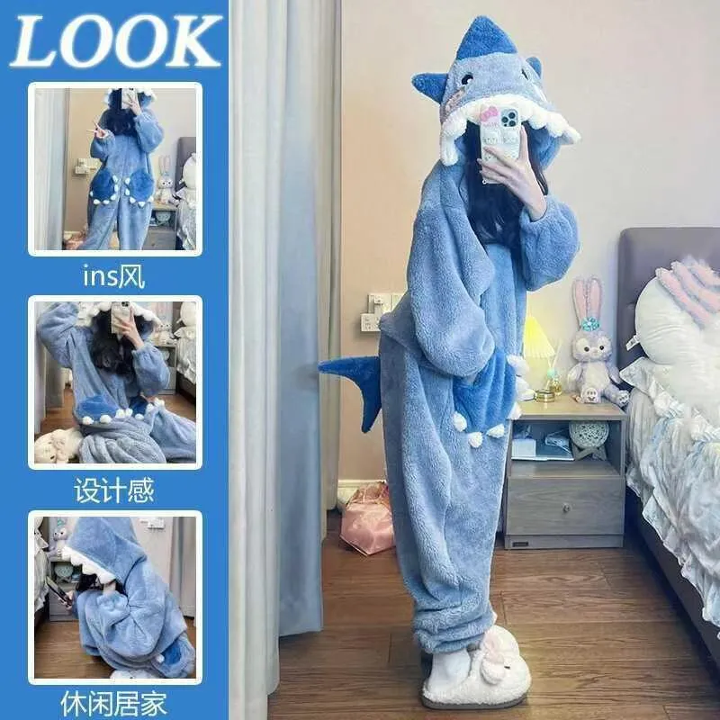 INSTOCK-Cute cartoon coral fleece one-piece pajamas for women