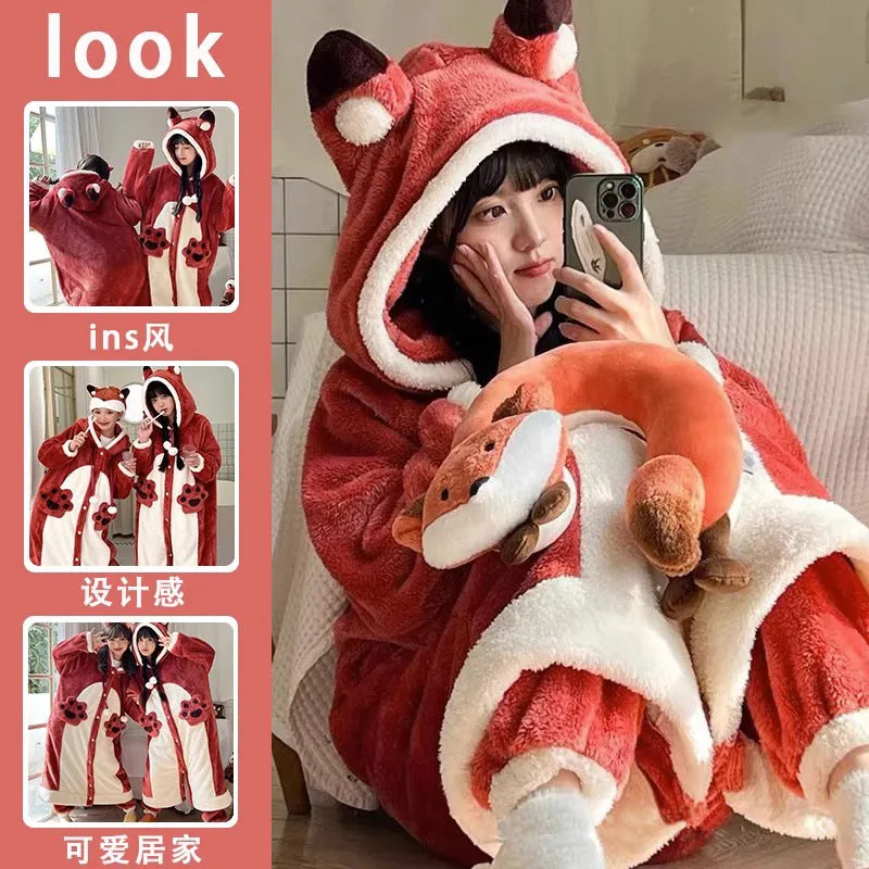 INSTOCK-Cute cartoon coral fleece one-piece pajamas for women