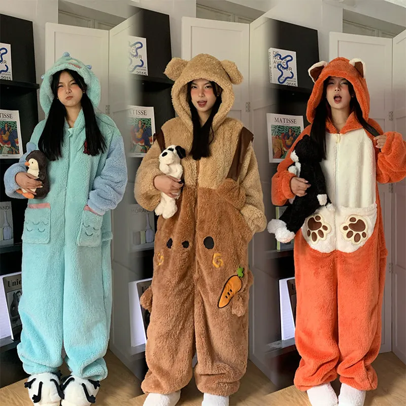 INSTOCK-Cute cartoon coral fleece one-piece pajamas for women
