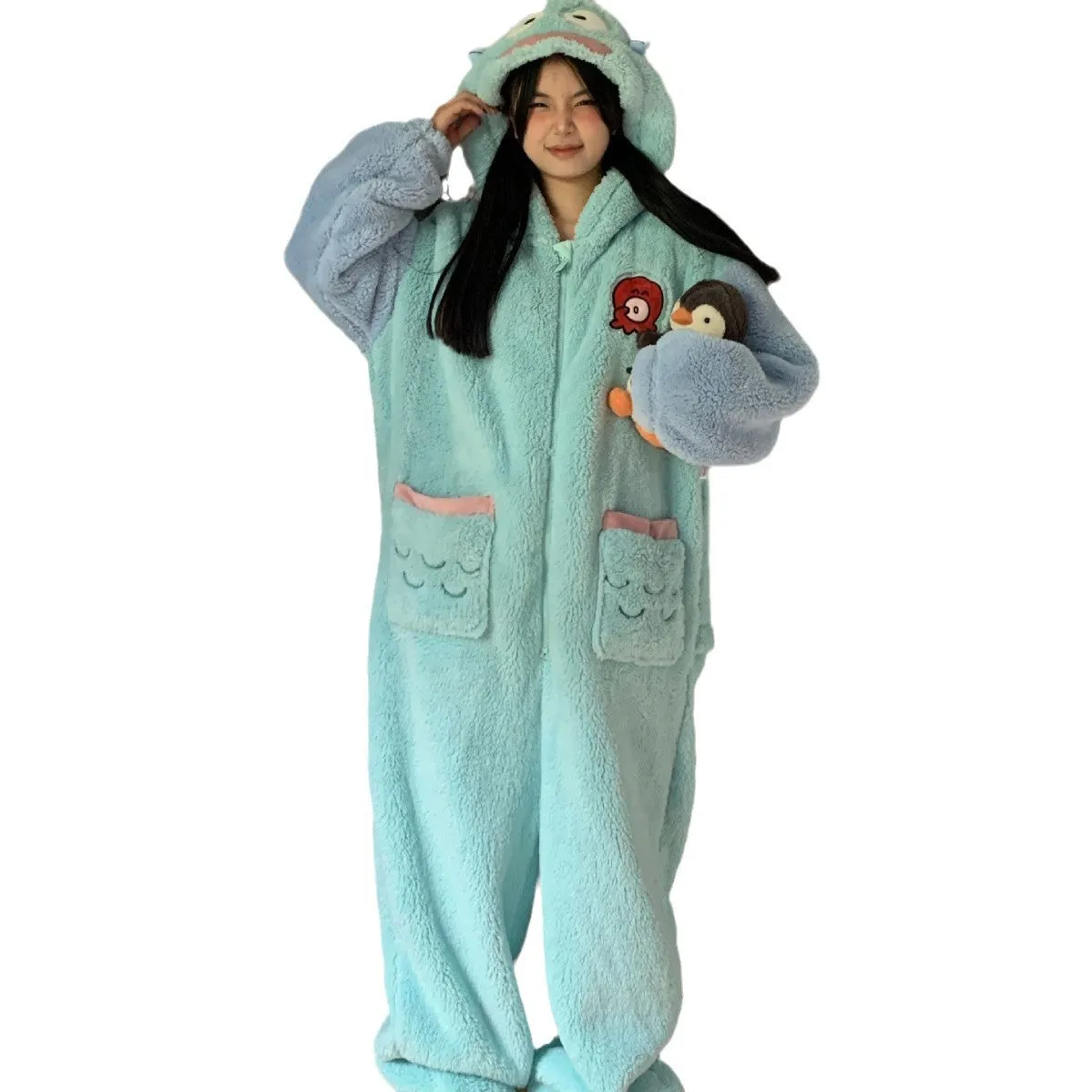 INSTOCK-Cute cartoon coral fleece one-piece pajamas for women