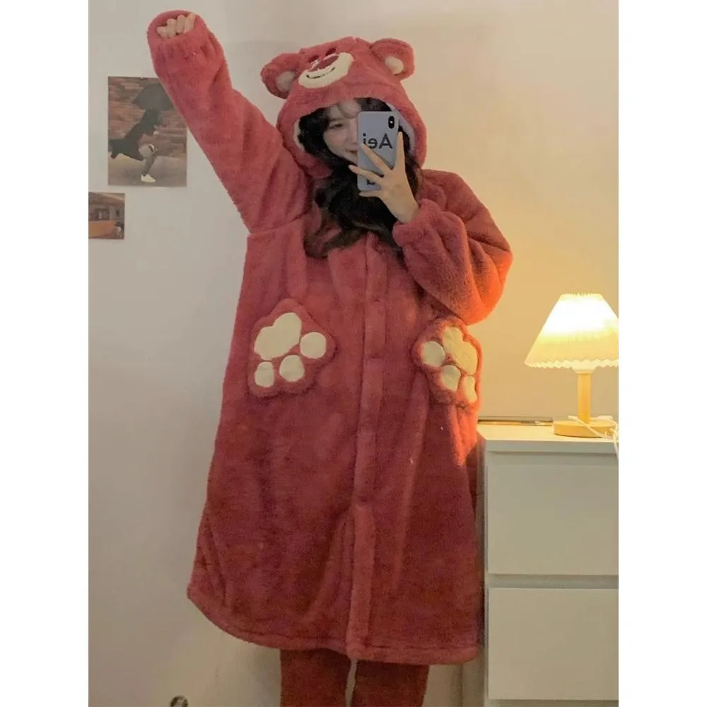 INSTOCK-Cute cartoon coral fleece one-piece pajamas for women