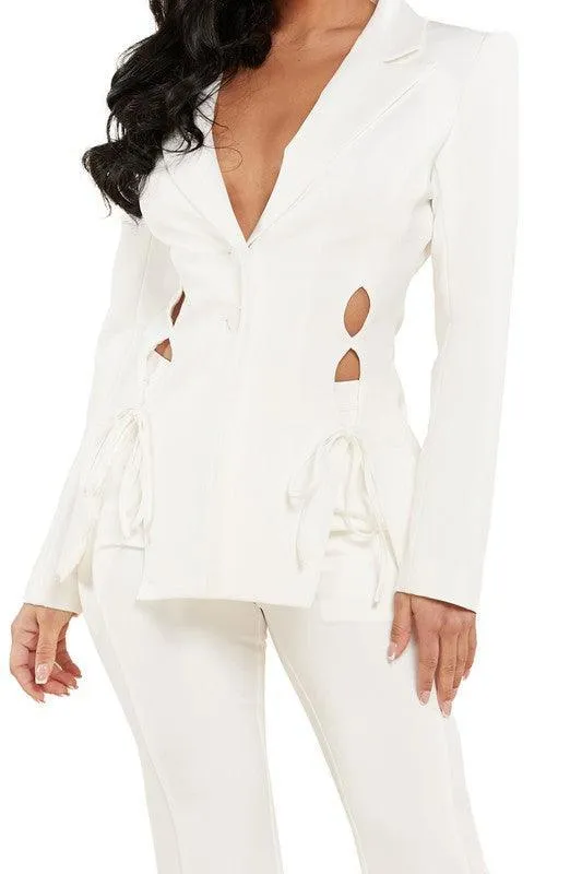 IVORY LACE UP MOFIT FIT AND FLARE 2PC PANT SET