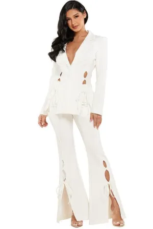 IVORY LACE UP MOFIT FIT AND FLARE 2PC PANT SET