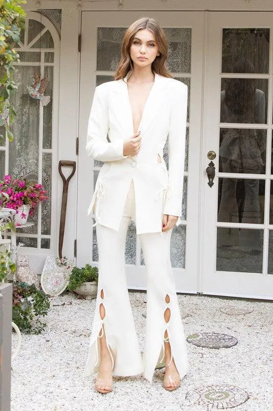 IVORY LACE UP MOFIT FIT AND FLARE 2PC PANT SET
