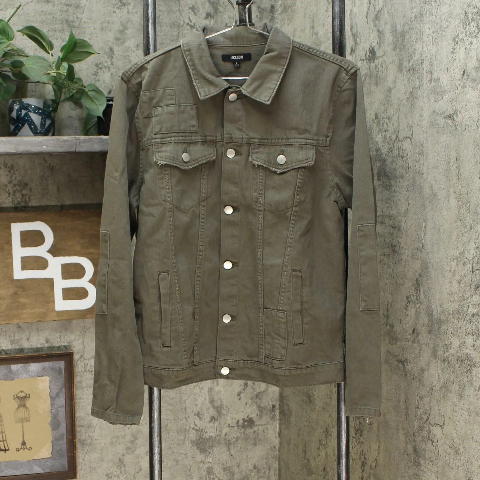 Jackson Men's Deconstructed Trucker Denim Jean Jacket Olive Small
