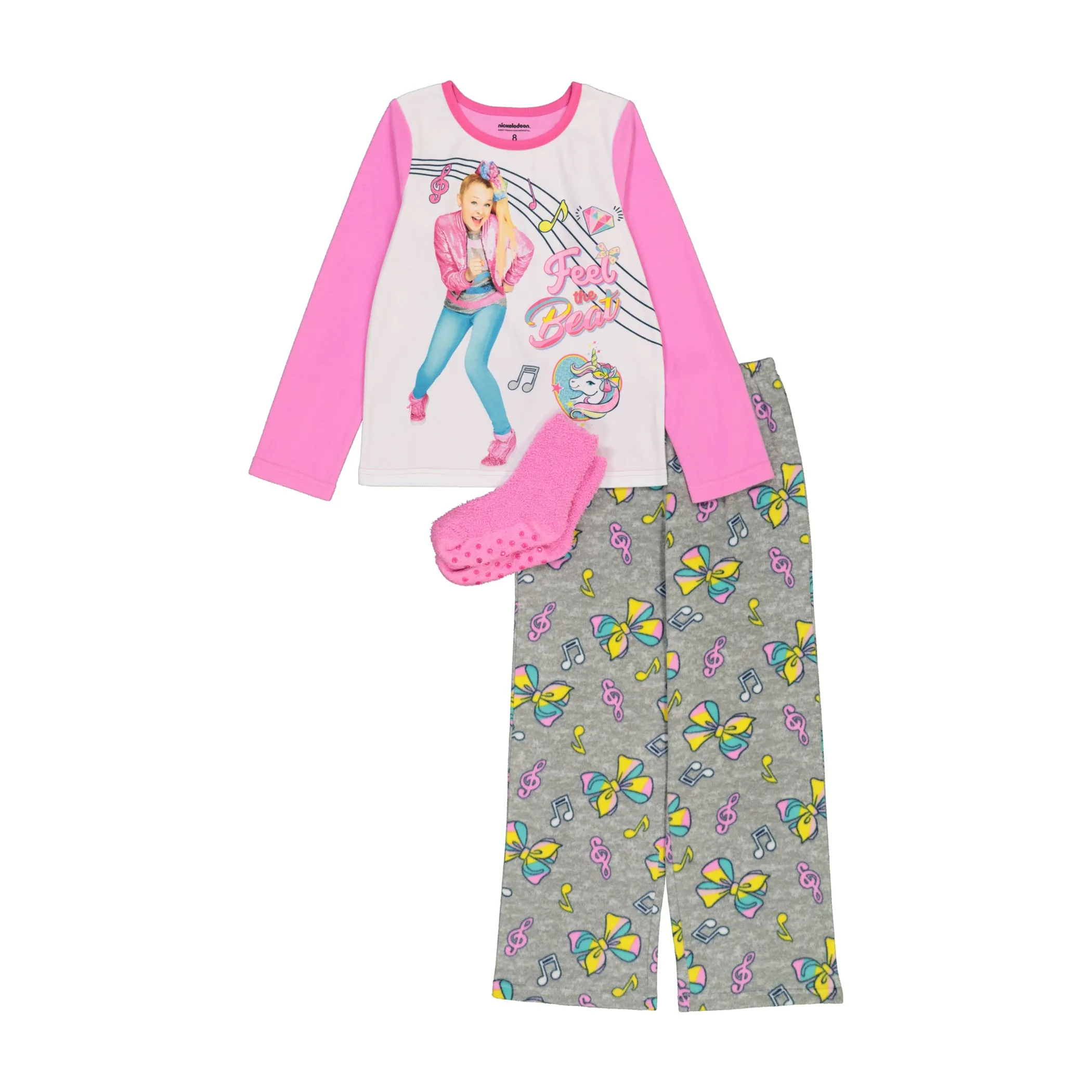 Jojo Siwa Girls Pajama Set with Socks, Long Sleeve Top and Pants 3pc PJ Outfit, 4-10, Pink