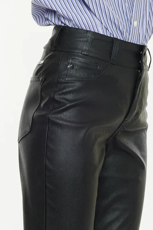 Kan Can HIGH RISE SKINNY STRAIGHT FAUX LEATHER PANTS -KC2075BK