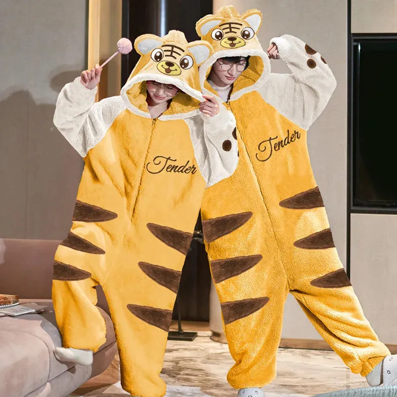 kangaroo Couples Pajamas Jumpsuits  Women Men Adult Winter Thicken Hooded Pyjamas Sleepwear Korean Loose Onesie Soft Warm Home
