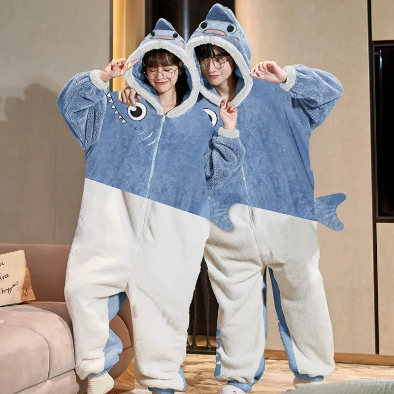kangaroo Couples Pajamas Jumpsuits  Women Men Adult Winter Thicken Hooded Pyjamas Sleepwear Korean Loose Onesie Soft Warm Home