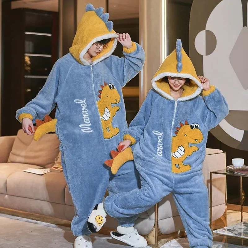 kangaroo Couples Pajamas Jumpsuits  Women Men Adult Winter Thicken Hooded Pyjamas Sleepwear Korean Loose Onesie Soft Warm Home