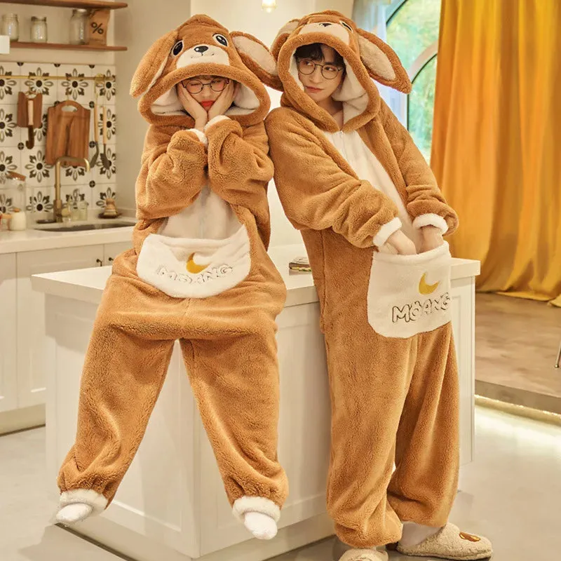 kangaroo Couples Pajamas Jumpsuits  Women Men Adult Winter Thicken Hooded Pyjamas Sleepwear Korean Loose Onesie Soft Warm Home