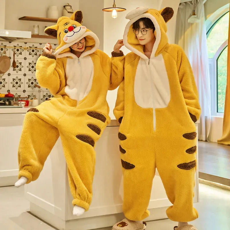 kangaroo Couples Pajamas Jumpsuits  Women Men Adult Winter Thicken Hooded Pyjamas Sleepwear Korean Loose Onesie Soft Warm Home