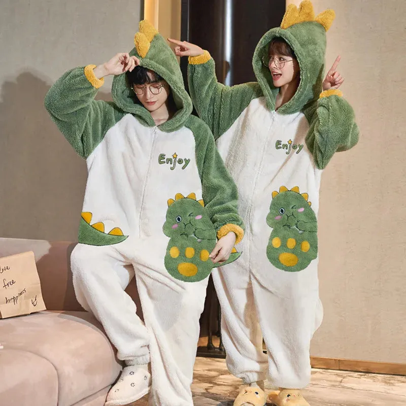 kangaroo Couples Pajamas Jumpsuits  Women Men Adult Winter Thicken Hooded Pyjamas Sleepwear Korean Loose Onesie Soft Warm Home