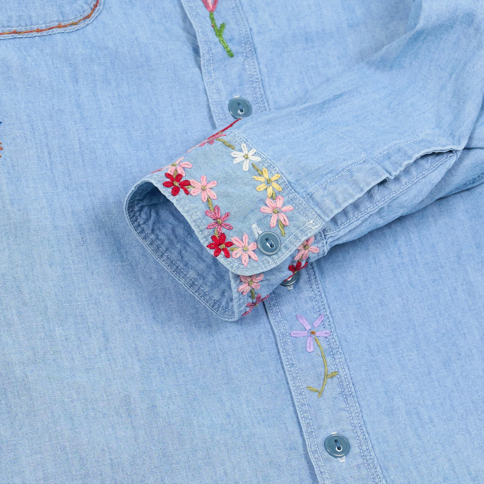 Kapital Long Sleeve Chambray Flower Birds Work Shirt