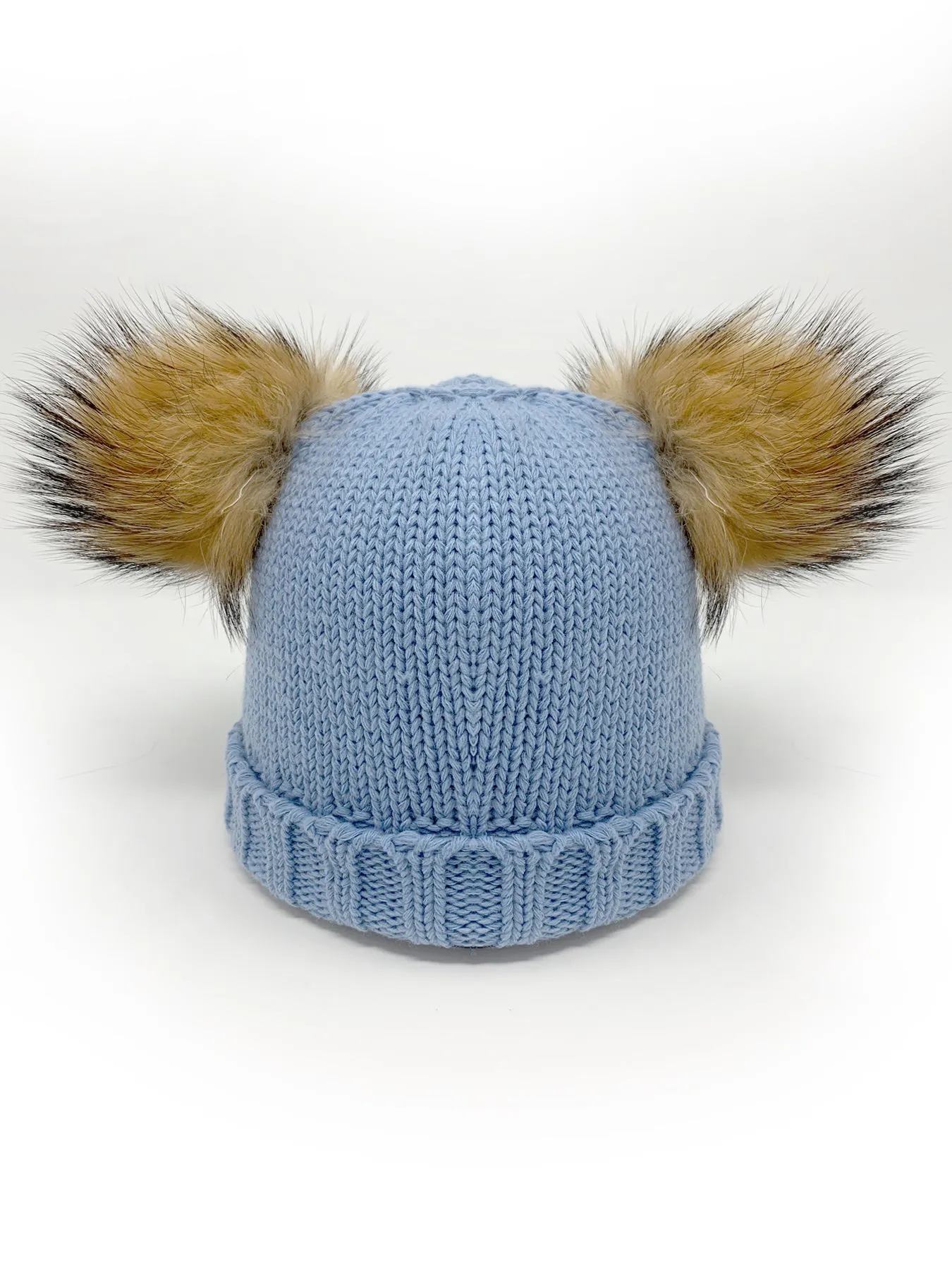 Kids Knitted Faux Fur Double Pom Pom Hat