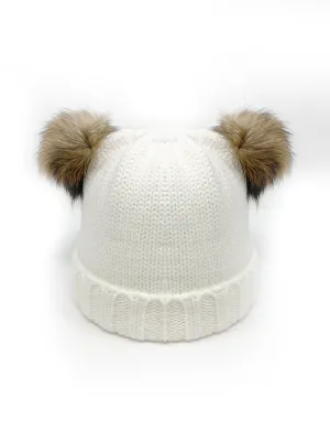 Kids Knitted Faux Fur Double Pom Pom Hat