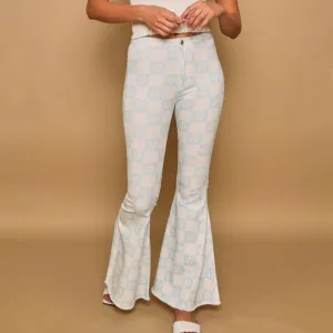 Kris Blue Daisy Checkered Print Flare Pants