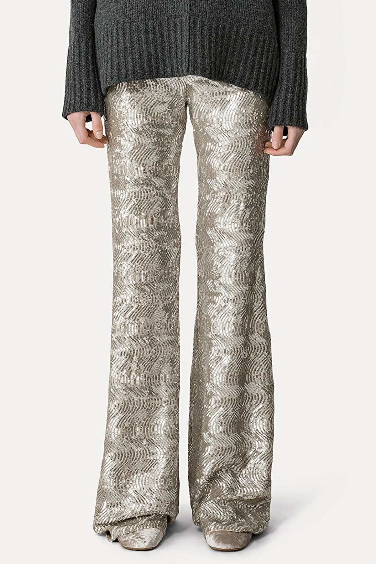 La Danza Del Mare Sequins Flare Pants in Silver