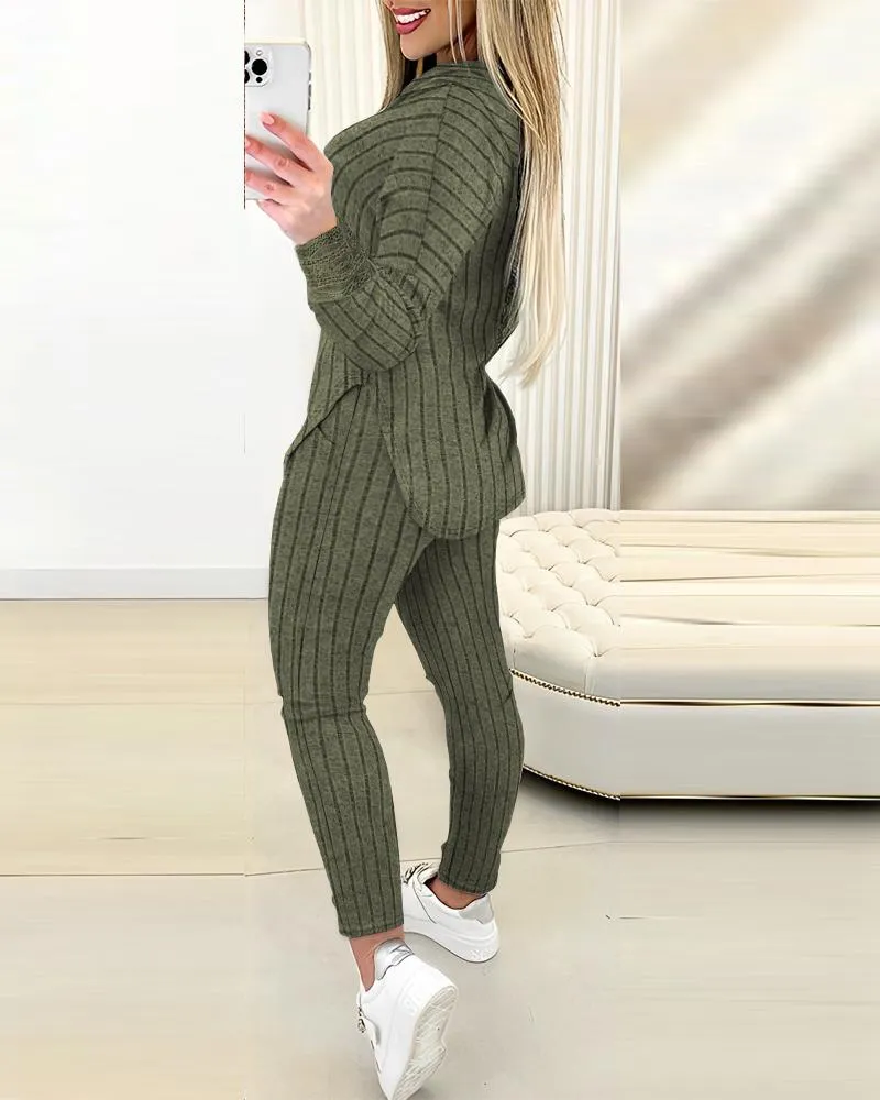 Lace Patch Ribbed Hooded Top & Pocket Design Pants Set