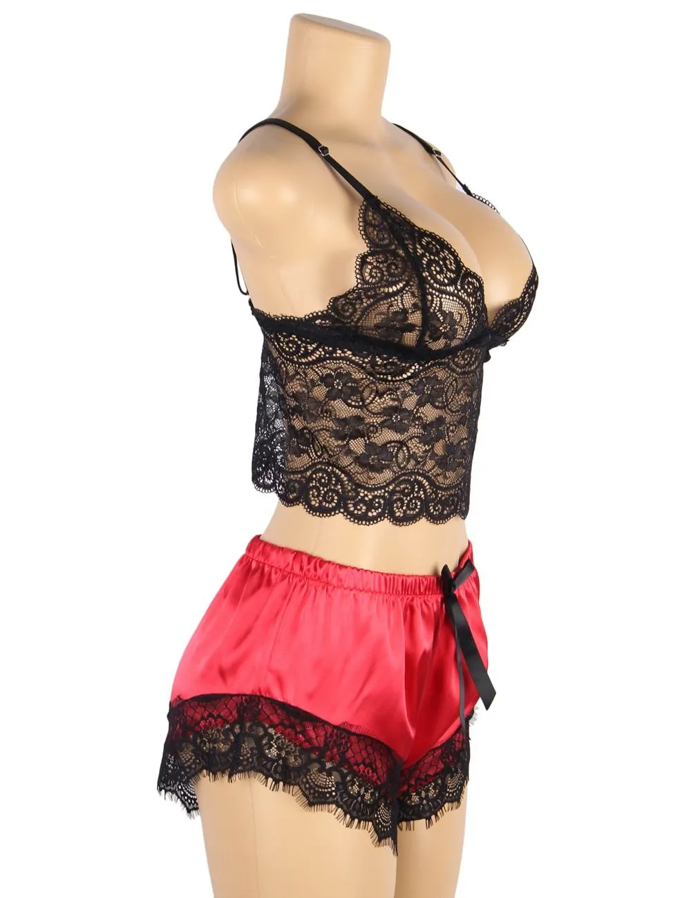 Lace Silk Camisole Home Casual Red Pajamas Set