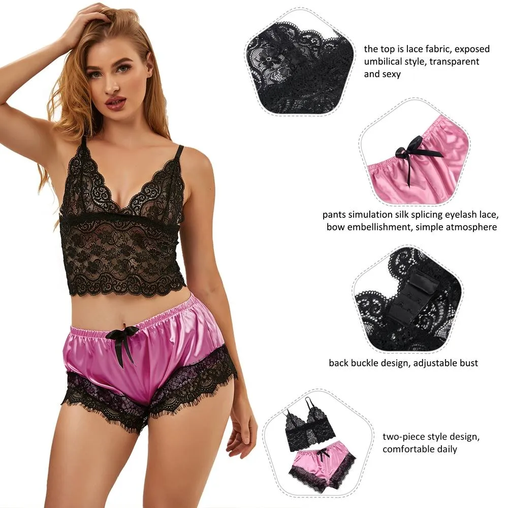 Lace Silk Camisole Home Casual Red Pajamas Set