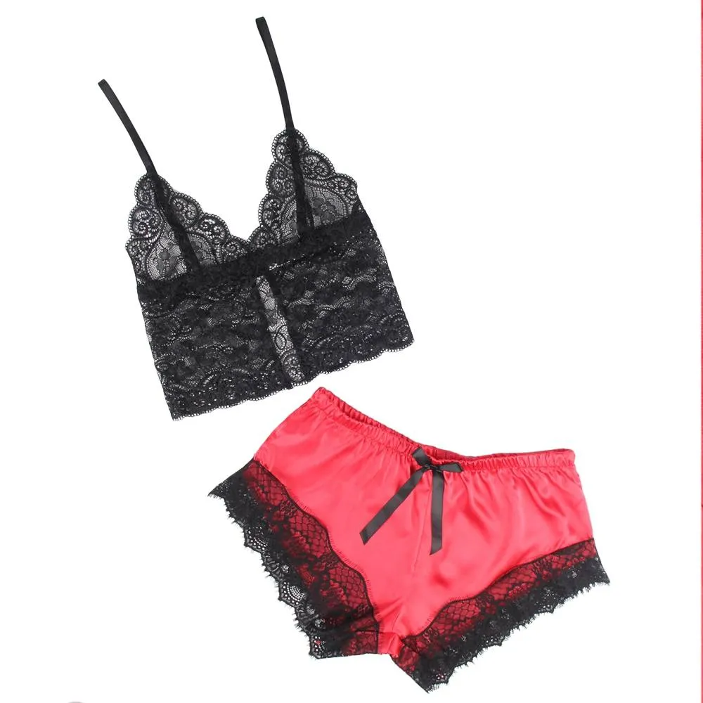 Lace Silk Camisole Home Casual Red Pajamas Set