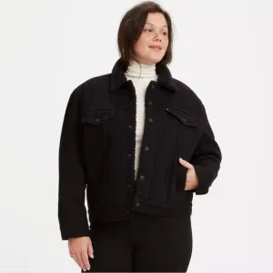 Levis solid black ex boyfriend button front sherpa jean trucker jacket